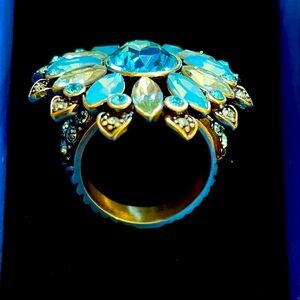 Heidi Daus Large Crystal Flower Statement Ring. Blue Crystals